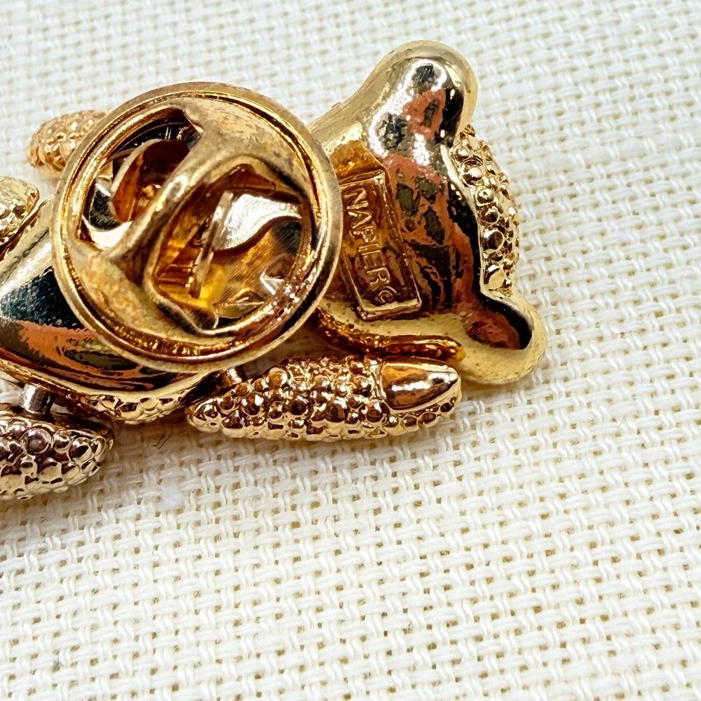 Vintage NAPIER Gold Tone Articulated Teddy Bear Pin Clear Brown Rhinestone Belly
